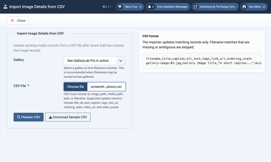 GalleryLab Pro CSV import screen showing gallery selection, CSV file upload, preview button, and sample CSV download.