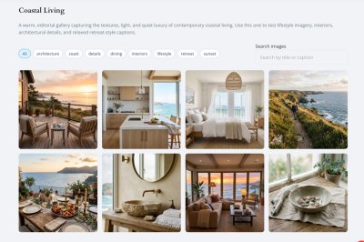Coastal Living gallery page with tag filters, search, and responsive image grid.