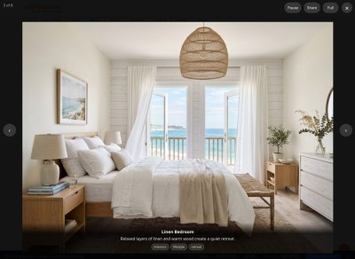 GalleryLab Pro lightbox showing a bedroom image with caption, tags, and slideshow controls.