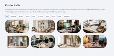 Creative Studio gallery with rounded image cards and tag filters.