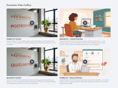 Extensions Video Gallery page showing four video cards with poster images and play buttons.