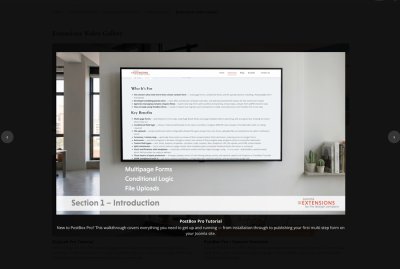 GalleryLab Pro video lightbox showing an embedded PostBox Pro tutorial video.