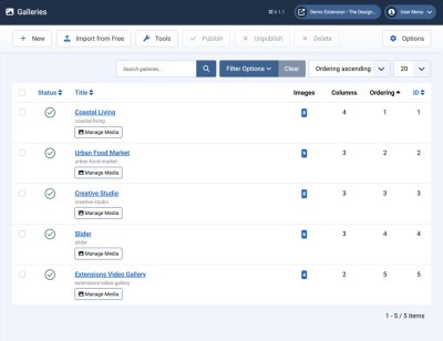 Joomla administrator gallery manager listing GalleryLab Pro galleries.