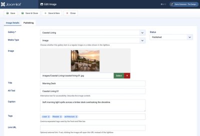 GalleryLab Pro image item editor showing image, title, alt text, caption, and tags.