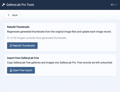 GalleryLab Pro tools page with rebuild thumbnails and GalleryLab Free import actions.