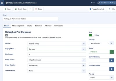 Joomla module editor showing GalleryLab Pro Showcase carousel setup options.