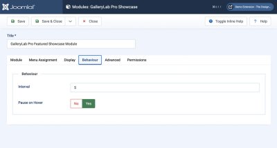 GalleryLab Pro Featured Showcase behaviour tab with interval and pause-on-hover settings.