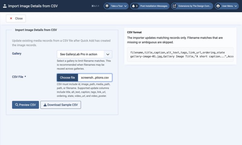 GalleryLab Pro CSV import screen showing gallery selection, CSV file upload, preview button, and sample CSV download.