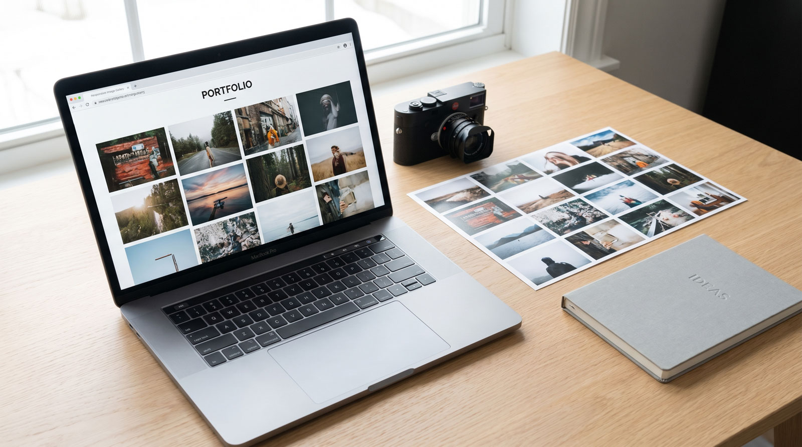 A photographer's desk with a laptop showing a responsive image gallery website, surrounded by a camera, printed photos in a grid layout, and a notebook, with soft natural lighting.
