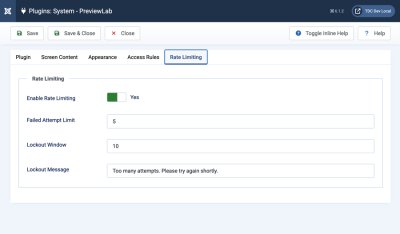 PreviewLab rate limiting settings showing failed attempt limit, lockout window, and lockout message fields.