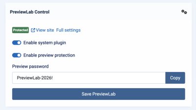 PreviewLab Control administrator module showing protected status, enable switches, preview password field, copy button, and save button.