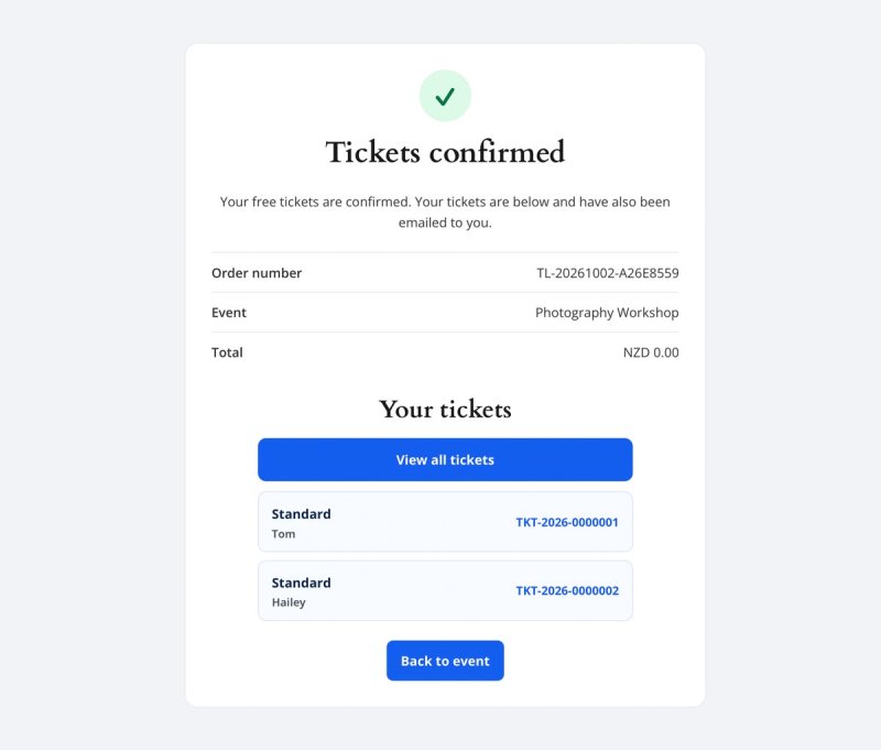 TicketLab Pro confirmation page showing a free Photography Workshop order and two issued tickets.