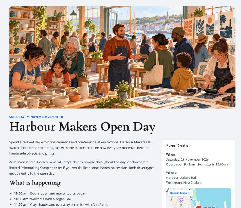 Harbour Makers Open Day page showing the event cover, introduction, date, venue details and map.