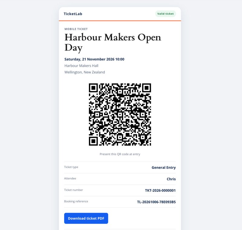 Mobile General Entry ticket for Harbour Makers Open Day showing a QR code, event details and PDF download button.
