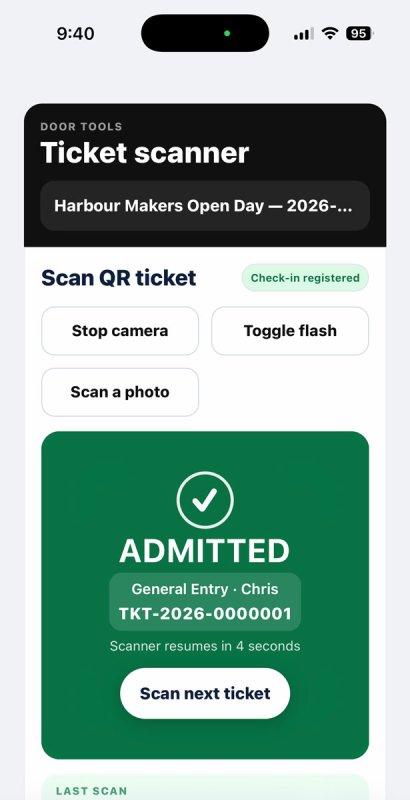 TicketLab mobile scanner showing an admitted General Entry ticket and Scan next ticket button.