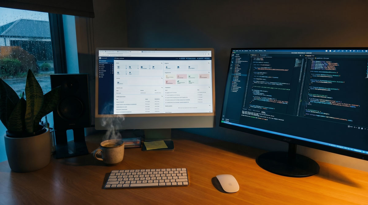 A developer's desk, dark and moody, dual monitors glowing with code, a Joomla admin interface visible on one screen, coffee cup nearby